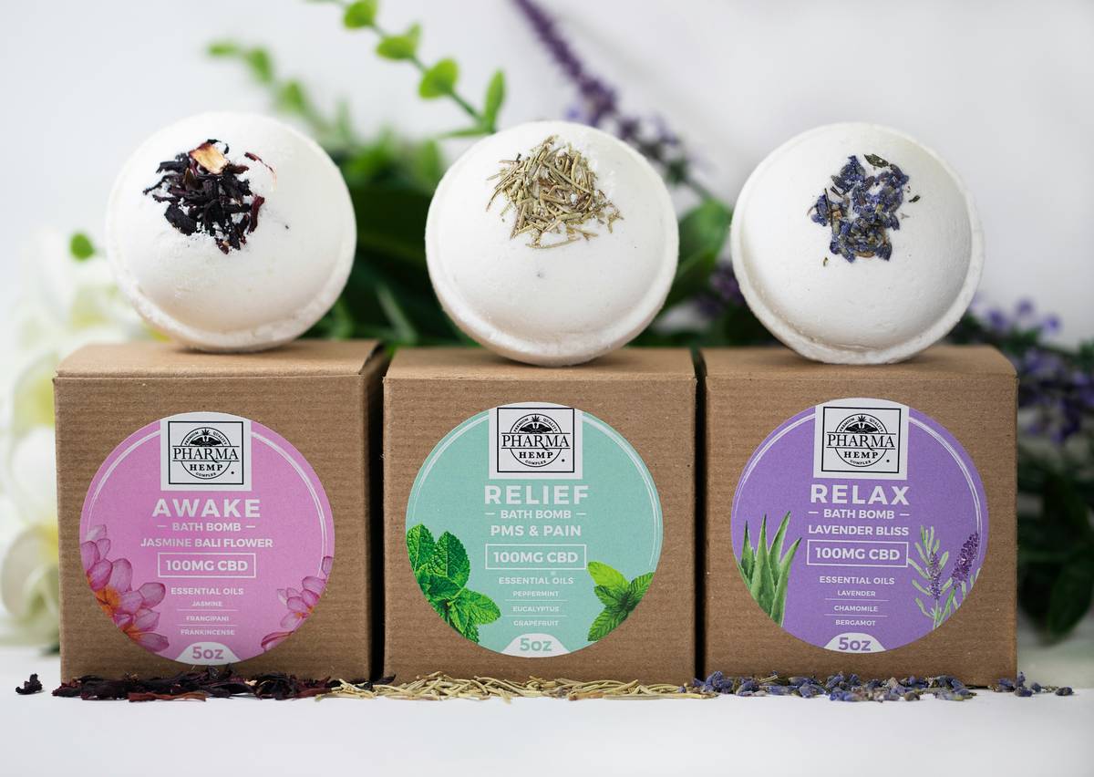 Infographic showing how relaxation bath products lower cortisol via magnesium absorption and linalool inhalation